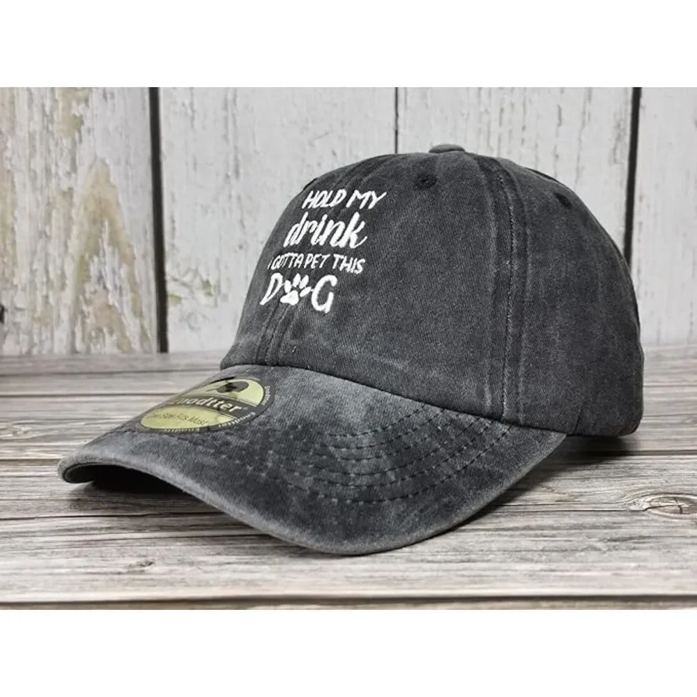 Unisex Black Hold My Drink Gotta Pet This Dog Embroidery Adjustable Baseball Cap